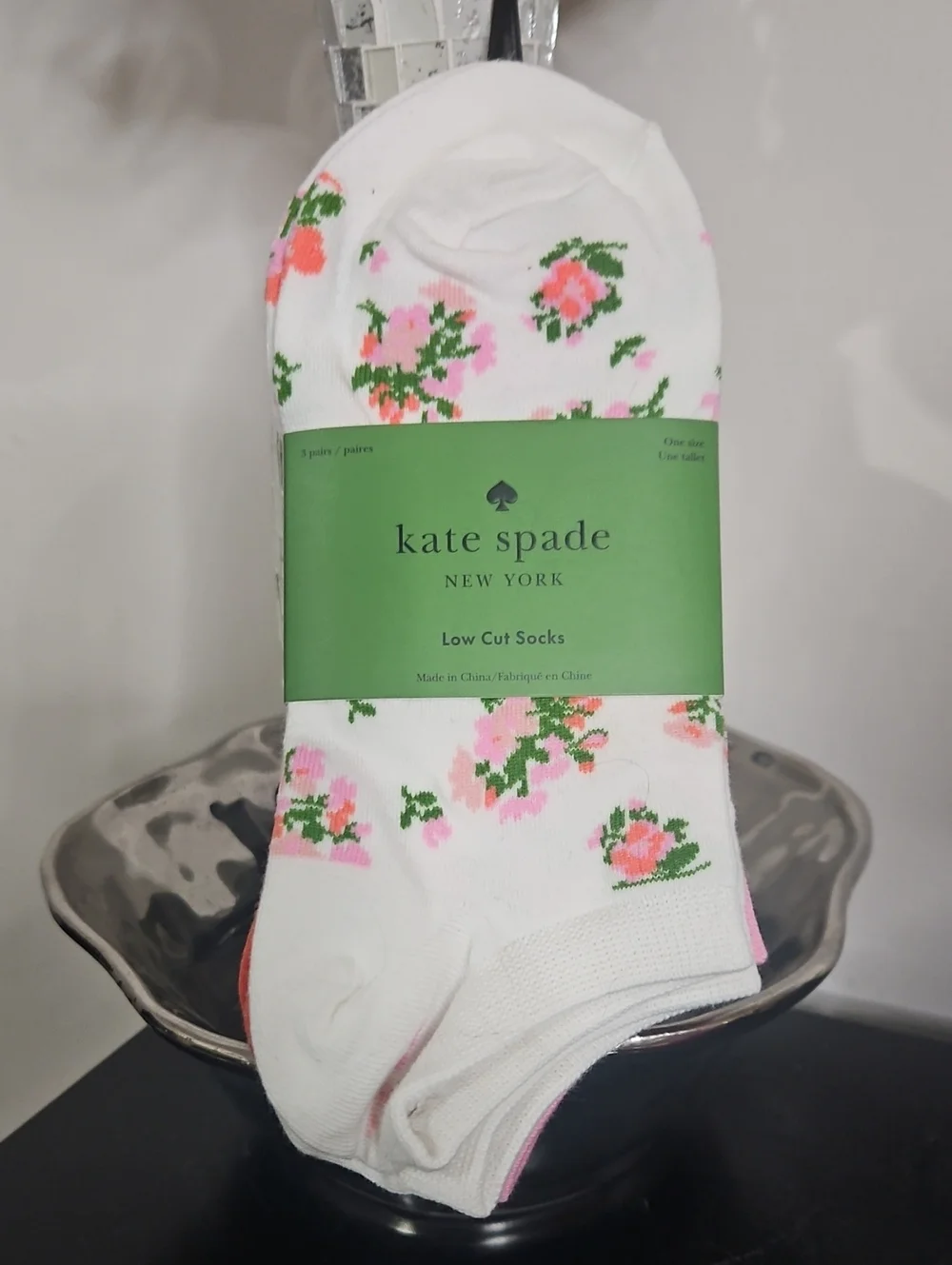 kate spade 3 Pk Low-Cut Socks (White Floral, Pink & Orange) NWT